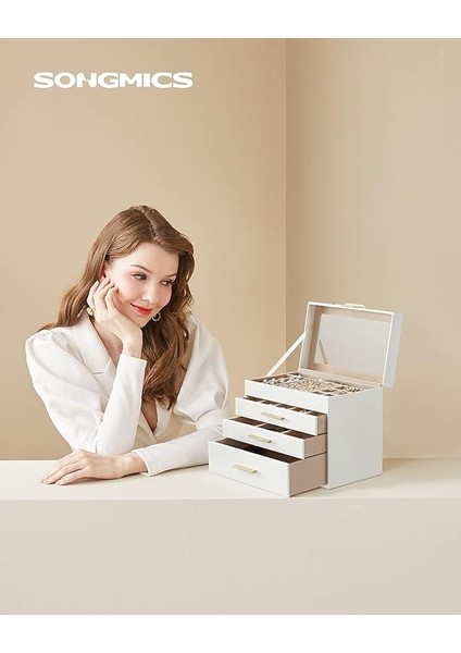 Mücevher Kutusu 4 Katmanlı Mücevher Kutusu Cam Kapaklı 3 Çekmeceli Güneş Gözlüğü Büyük Takı Takı Depolama Modern Bulut Beyaz Altın JBC161W01 fiyatları