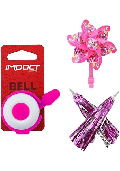 Çocuk Bisikleti Aksesuar Seti (Püskül-Zil-Rüzgar Gülü) Pembe