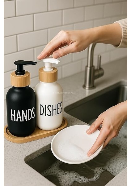 Bulaşık Deterjanlık ve Sabunluk Seti Bambu Tepsili Şık Ikili Set Siyah Beyaz Modern Tasarım Kompozit Malzemeli Mutfak Tezgah Üstü Organizer (Silindir) modelleri