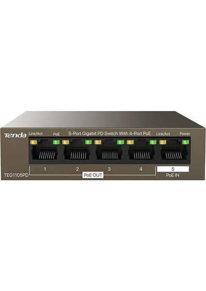 5 Port Poe Anahtarı, Güç Kaynağı Olmaz, Gigabit Poe Powered Switch (1 Poe In &amp; 4 Poe Out, Tak ve Çalıştır Poe Pd Switch, Fansız, Metal Gövde) (TEG1105PD)