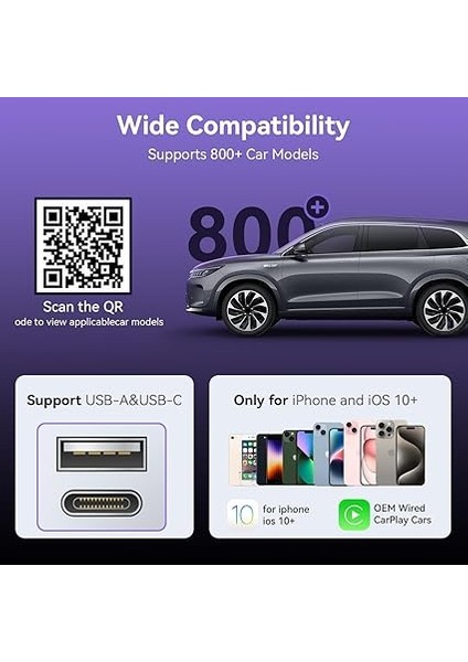 Simple Is Beauty CZ016 Kablosuz Carplay Adaptörü, iPhone 6 ve Ile Üzeri Uyumlu, USB Bağlantılı, Wi-Fi + Bluetooth, Sesle Kontrol, 2.4 Ghz, USB ve Type-C Giriş, Siyah fiyatları