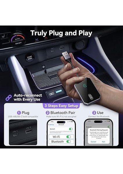 Simple Is Beauty CZ016 Kablosuz Carplay Adaptörü, iPhone 6 ve Ile Üzeri Uyumlu, USB Bağlantılı, Wi-Fi + Bluetooth, Sesle Kontrol, 2.4 Ghz, USB ve Type-C Giriş, Siyah modelleri