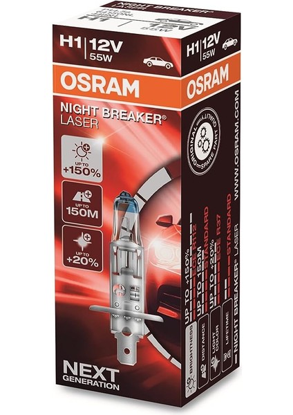 Ampul Night Breaker Laser H1 12V 55W%100'YE Kadar Fazla Işık 150M'YE Kadar Fazla Görüş Açısı,%20'ye Kadar Beyaz Işık 64150NL fiyatları