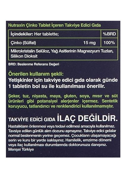 Vitals Zinc 15 Mg 100 Tablet Takviye Edici Gıda fırsatları