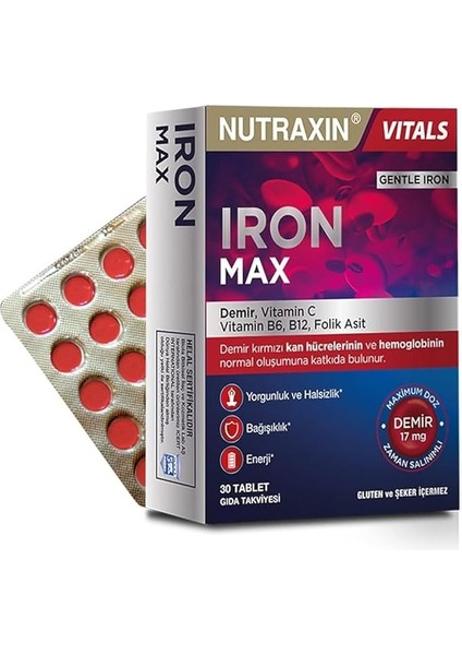 Iron Max 17 Mg 30 Tablet - Demir, C Vitamini, B6 Vitamini, Folik Asit, B12