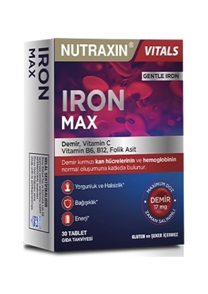 Iron Max 17 Mg 30 Tablet - Demir, C Vitamini, B6 Vitamini, Folik Asit, B12 fiyatları