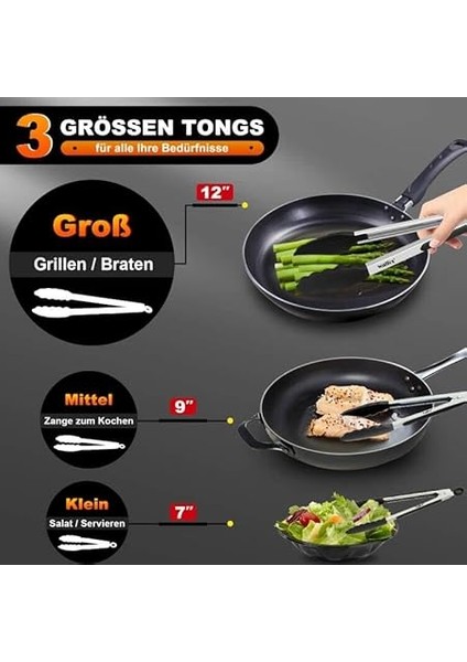 Mutfak Maas, 3'l Set, Paslanmaz Elik ve Bpa Ermeyen Silikon Ular, 18 Cm, 23 cm ve 30,5 Cm, Siyah indirimleri