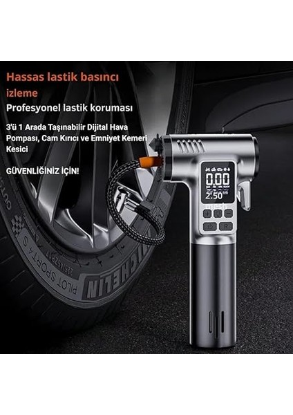 4in1 150PSİ 4000MAH Şarjlı Araç Lastik Şişirme Pompası, Cam Kırıcı, Kemer Kesici, LED Işıklı,şarjlı Pompa fırsatları