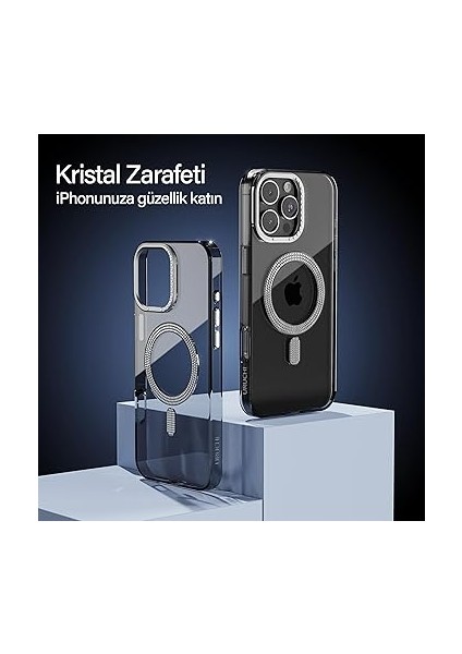 iPhone 16 Pro Max ile Uyumlu Şeffaf Taşlı Mag-Safe Kılıf – Sert Mika Sararmaz Kılıf, N52 Güçlü Mıknatıs, Bağımsız Tuşlar, Lüks Kristal Tasarım (Şeffaf Siyah, iPhone 16 Pro Max) fiyatları