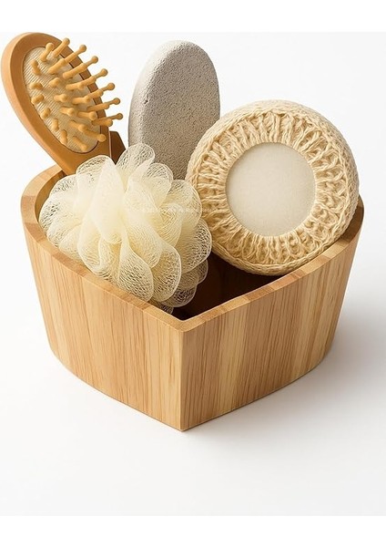 Kalp Şeklinde Ahşap Organizerli Banyo Seti, Doğal Lifli Banyo Süngeri, Yumuşak Köpük Lif ve Ponza Taşı, Masaj Taraklı Spa Bakım Seti, Günlük Duş ve Cilt Bakımı Için