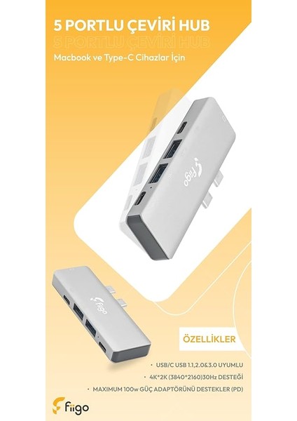 MacBook ve Type-C Cihazlar Için 5 Portlu Hub indirimleri