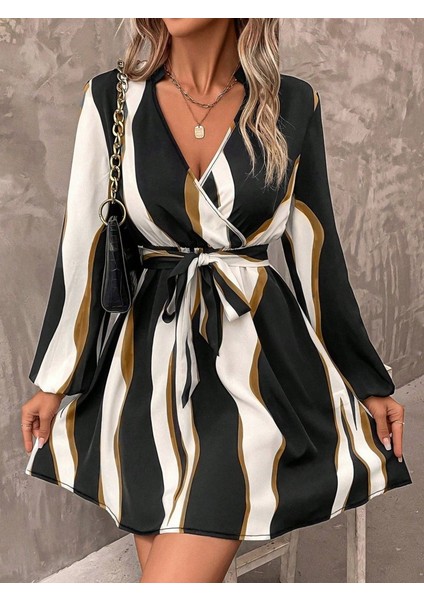 Kadın Uzun Kollu Kruvaze Yakalı Desenli Modal Mini Elbise fırsatları