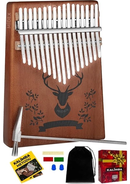 KLX-456 Hakiki Maun Ağacı Kalimba 17 Çelik Tuşlu (Türkçe Metod Çanta Çekiç)