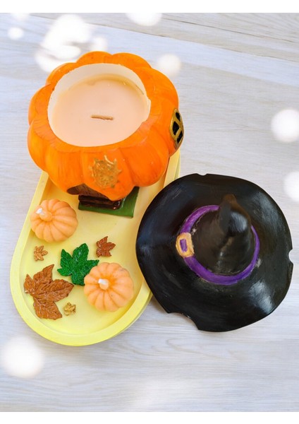 Balkabaklı Rüya Set 2 (Sunumluklu Cadı Balkabağı Evi Mum & Minik Balkabağı Mum Set)