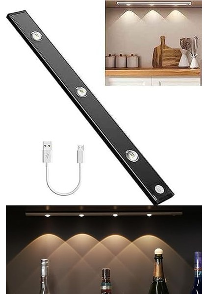 Sensörlü Slim LED Kabin Armatürü Dekoratif Dim Edilebilir USB Şarjlı Aydınlatma (Siyah, 40 Cm) fırsatları