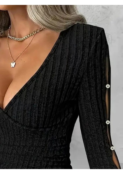 Kadın Uzun Kollu Kruvaze Yakalı Incili Şardonlu Kaşkorse Bluz modelleri