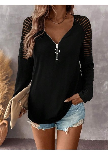 Kadın Uzun Kollu Yakadan Fermuarlı Viskon Bluz