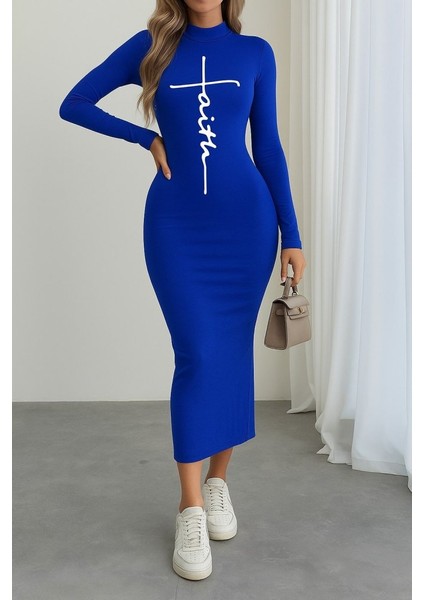 Kadın Uzun Kollu Boğazlı Baskı Detaylı Viskon Tam Boy Elbise