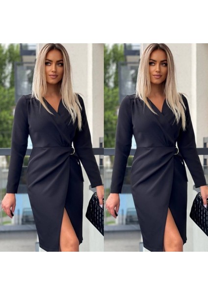 Kadın Uzun Kollu Kruvaze Yaka Etek Kruvaze Kesim Bel Toka Detaylı Krep Elbise fiyatları