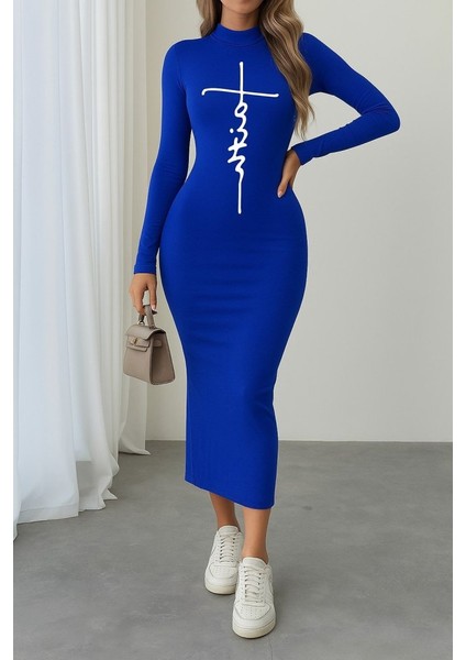 Kadın Uzun Kollu Boğazlı Baskı Detaylı Viskon Tam Boy Elbise modelleri