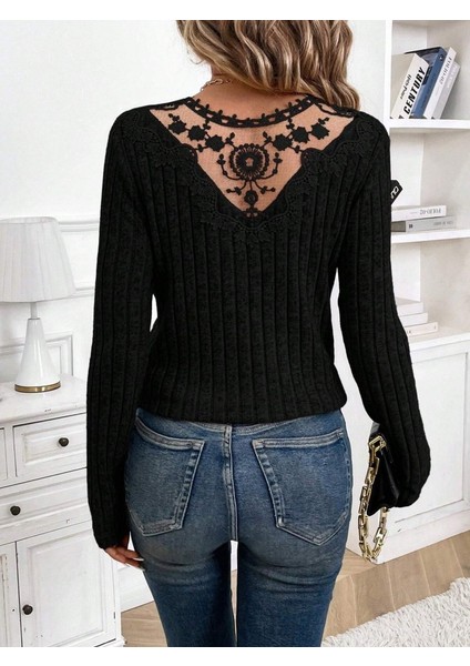 Kadın Uzun Kollu V Yakalı Arkadan Dantel Detaylı Şardonlu Kaşkorse Bluz fiyatları