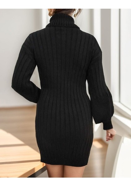Kadın Uzun Kollu Boğazlı Uzun Balon Kol Triko Mini Elbise
