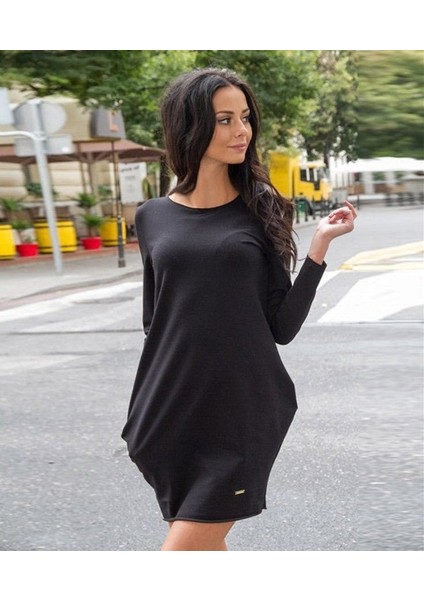 Kadın Uzun Kollu Bisiklet Yaka Cep Detay Etek Ucu Volanlı Iki Iplik Elbise