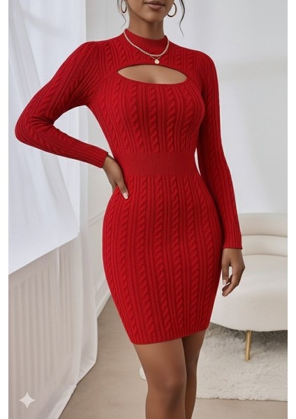 Kadın Uzun Kollu Yarı Balıkçı Yaka Pencere Göğüs Detay Mini Triko Elbise modelleri