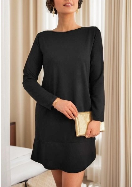 Kadın Uzun Kollu Bisiklet Yaka Cep Detay Etek Ucu Volanlı Iki Iplik Elbise indirimleri