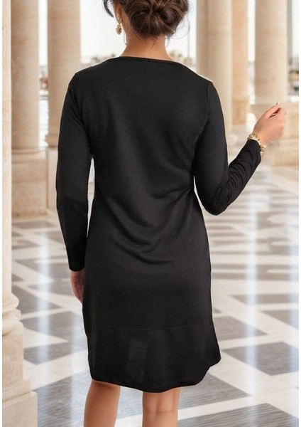 Kadın Uzun Kollu Bisiklet Yaka Cep Detay Etek Ucu Volanlı Iki Iplik Elbise