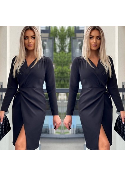 Eyesof Kadın Uzun Kollu Kruvaze Yaka Etek Kruvaze Kesim Bel Toka Detaylı Krep Elbise modelleri