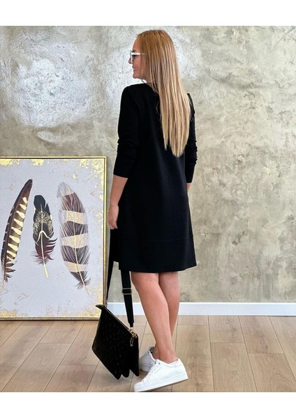 Kadın Uzun Kollu Bisiklet Yaka Cep Detay Etek Ucu Volanlı Iki Iplik Elbise modelleri