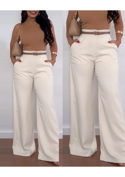 Kadın Yüksek Bel Geniş Paça Detaylı Cepli Ithal Krep Pantolon