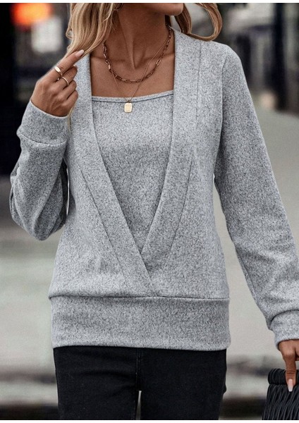 Kadın Uzun Kollu Kruvaze Yaka Kol ve Etek Ucu Manşet Detay Yumoş Bluz indirimleri