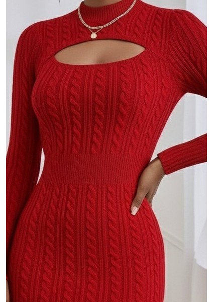 Kadın Uzun Kollu Yarı Balıkçı Yaka Pencere Göğüs Detay Mini Triko Elbise fiyatları