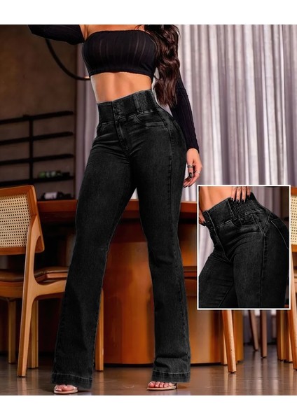 Kadın Yüksek Bel Yanları Lastik Önü Düğmeli Kot Pantolon