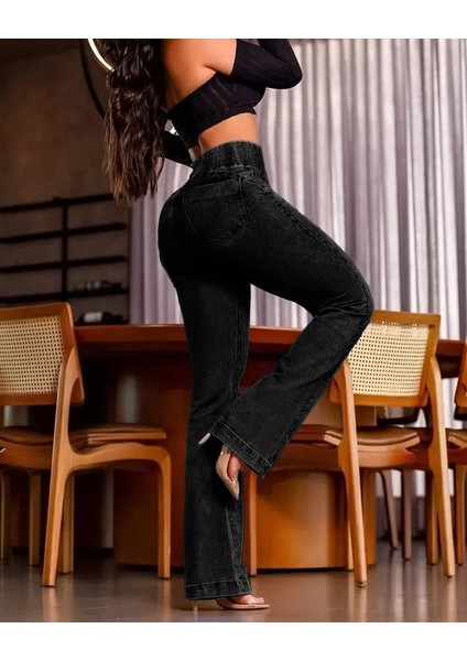 Kadın Yüksek Bel Yanları Lastik Önü Düğmeli Kot Pantolon fiyatları