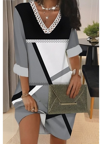 Kadın Fakir Kollu V Dantel Yaka Geometrik Desenli Dalgıç Elbise fırsatları