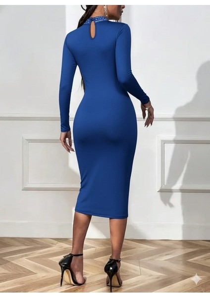 Kadın Uzun Kollu Balıkçı Yaka Taşlı Damla Detay Midi Ithal Krep Elbise modelleri