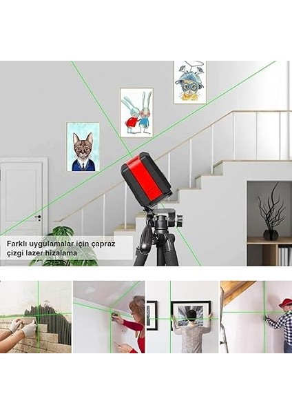 KBL92G 30 Metre Profesyonel Yatay ve Dikey Otomatik Hizalamalı Yeşil Çapraz Çizgi Lazer, 2 Noktalı Şakül Lazer Distomat + Mini Tripod, Kırmızı/siyah fiyatları