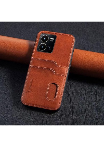 Vivo Y35 ile Uyumlu Kılıf Zebana Kartlıklı Lüx Deri Kılıf Kahverengi
