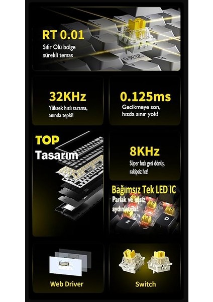 Ajazz AK680 Max%68 Manyetik Switch, 3000MAH Batarya 8000 Hz KABLOLU-1000 Hz Polling Rate Kablosuz Manyetik Klavye Rgb Arkadan Aydınlatmalı Özelleştirilebilir Tuşlar (AK680 Max - Siyah) indirimleri