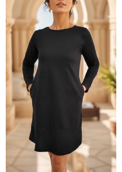 Kadın Uzun Kollu Bisiklet Yaka Cep Detay Etek Ucu Volanlı Iki Iplik Elbise