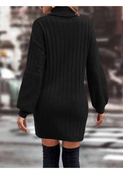 Kadın Uzun Kollu Boğazlı Uzun Balon Kol Triko Mini Elbise fırsatları