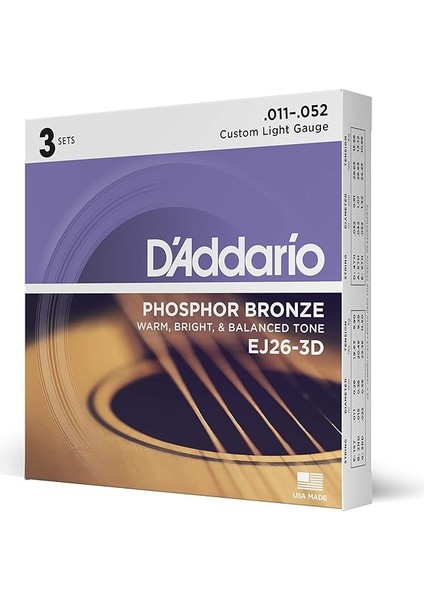 Stahlsaiten Westerngitarre | Höchste Qualıtät Der Belıebtesten Saıtenmarke | EJ26-3D | Phosphor Bronze | Custom Light (11-52) | 3er Pack