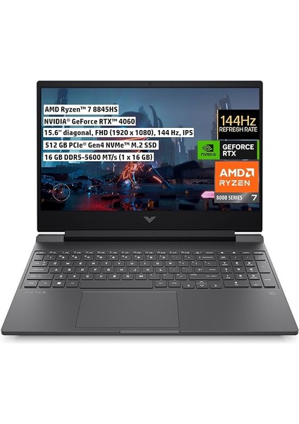 Victus Gaming Dizüstü Bilgisayar, 15.6 Inç 144 Hz IPS Ekran, Amd Ryzen™ 7 8845HS, 16 GB Ddr5 Ram, Nvıdıa® Geforce Rtx™ 4060 8 Gb, 512 GB Ssd, Freedos, Mika Gümüşü, B82N6EA