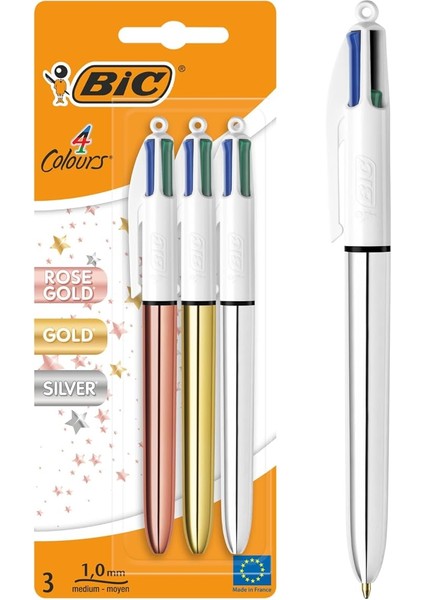 4 Colours Shine Pembe,gümüş, Altın Gövde Tükenmez Kalem 3'lü Blister, 4 Renk Tükenmez Kalem