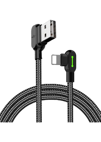 LED 90 Derece Şarj Kablosu Açılı USB Kablosu Açılı Naylon Örgülü Hızlı Şarj Cihazı Veri Senkronizasyon L Şeklinde Kablo Adaptörü iPhone x 8 7 6 Plus Pad Pod (1,8 M) ile Uyumlu