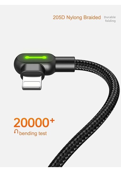 LED 90 Derece Şarj Kablosu Açılı USB Kablosu Açılı Naylon Örgülü Hızlı Şarj Cihazı Veri Senkronizasyon L Şeklinde Kablo Adaptörü iPhone x 8 7 6 Plus Pad Pod (1,8 M) ile Uyumlu modelleri