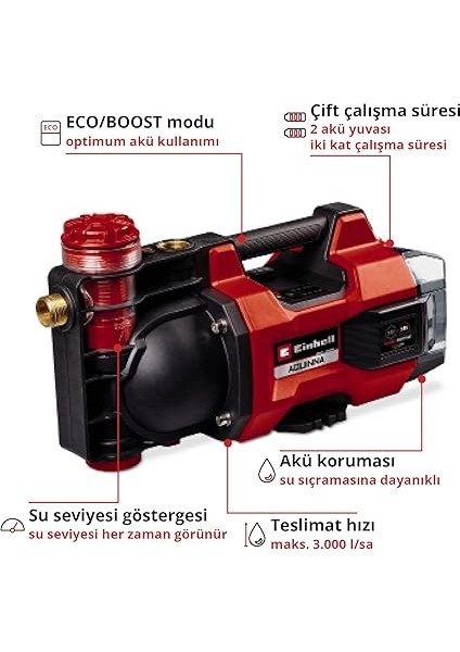 Akülü Bahçe Pompası Aquınna 18/30 F LED Power X-Change (18 V, Maks. 3000 L/h Su Aktarımı, 2 Akü Yuvası, Çift Çalışma Süresi, Eco/boost Modu, Ön Filtre) - 4180430 modelleri